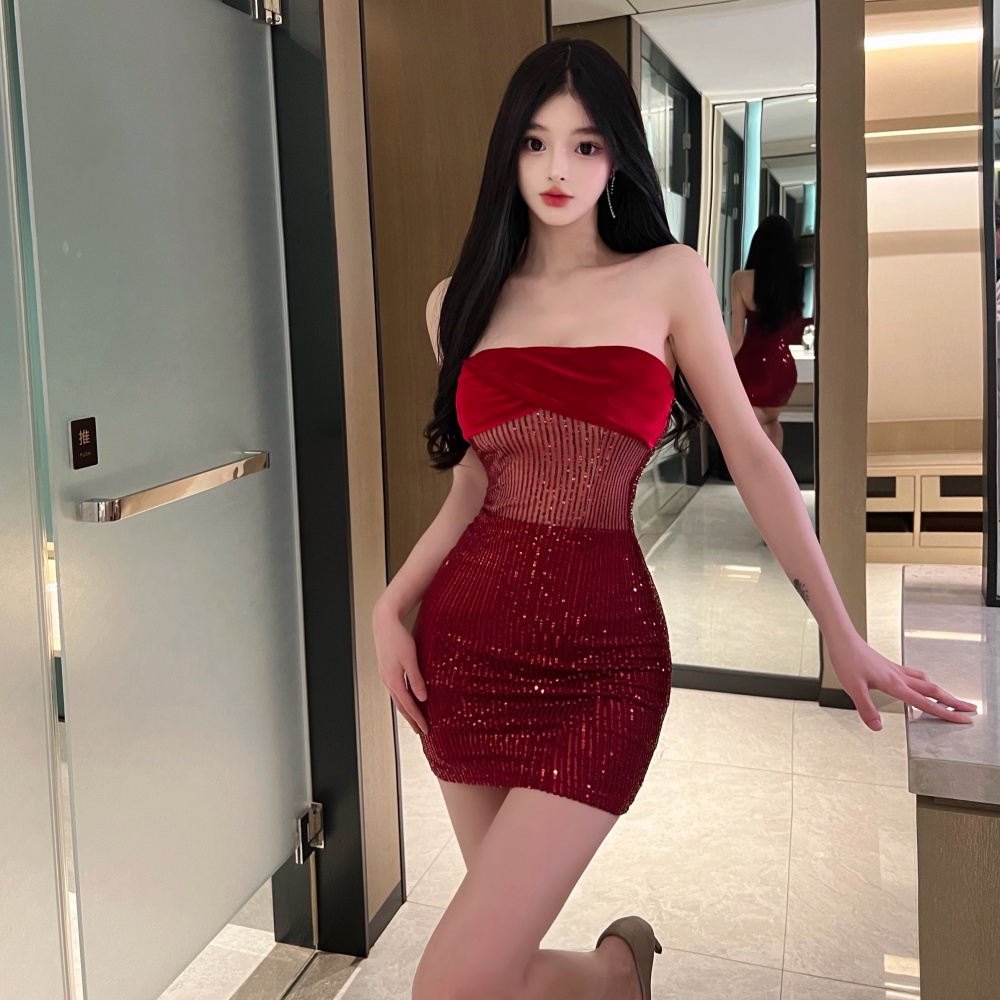 Red dress wrapped chest formal dress for women