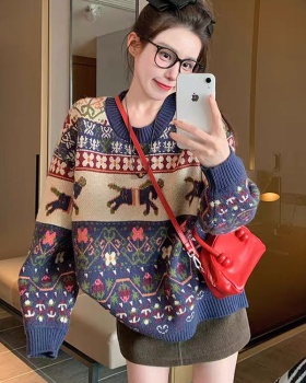 Lazy jacquard thick loose retro sweater for women