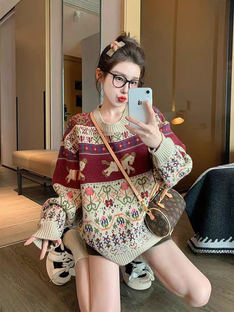Lazy jacquard thick loose retro sweater for women