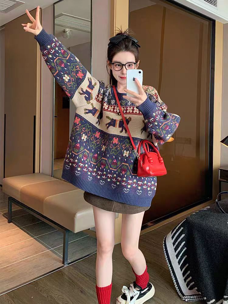 Lazy jacquard thick loose retro sweater for women