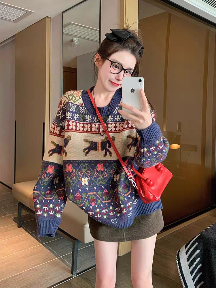 Lazy jacquard thick loose retro sweater for women