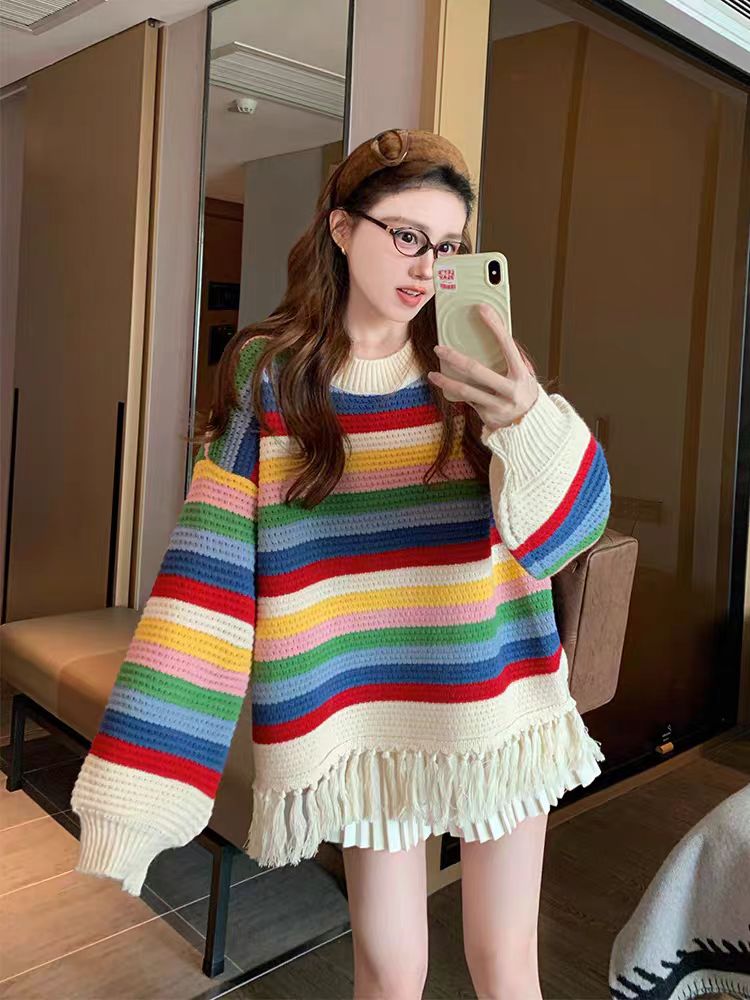 Stripe autumn and winter tops lazy tassels sweater for women