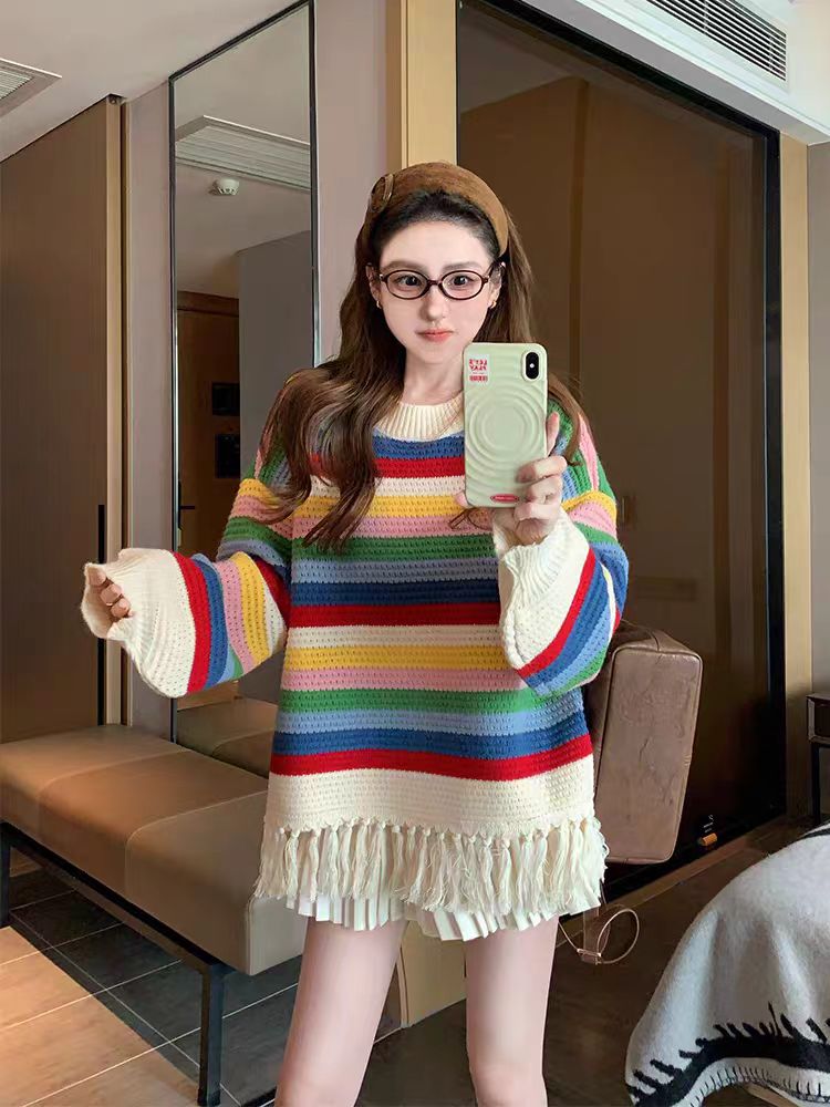 Stripe autumn and winter tops lazy tassels sweater for women