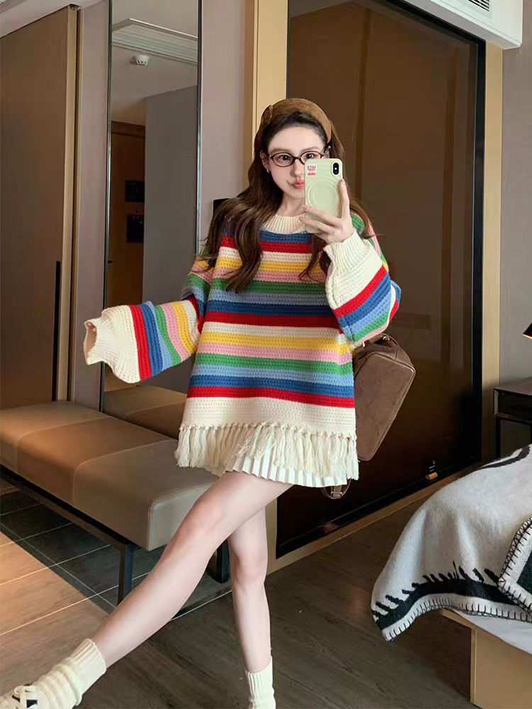 Stripe autumn and winter tops lazy tassels sweater for women