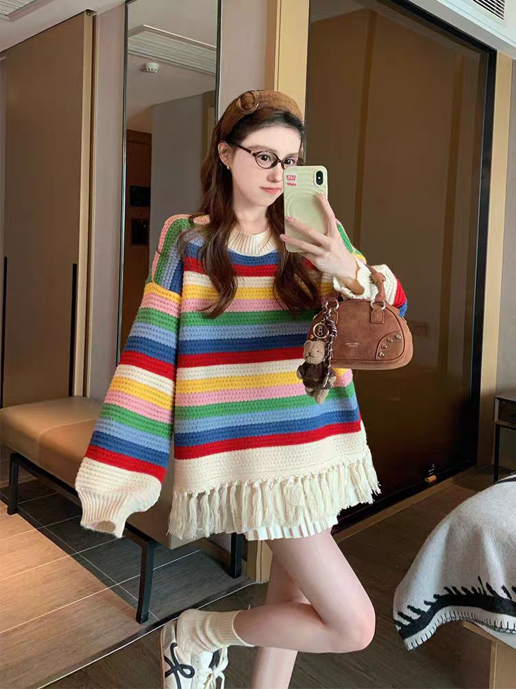 Stripe autumn and winter tops lazy tassels sweater for women