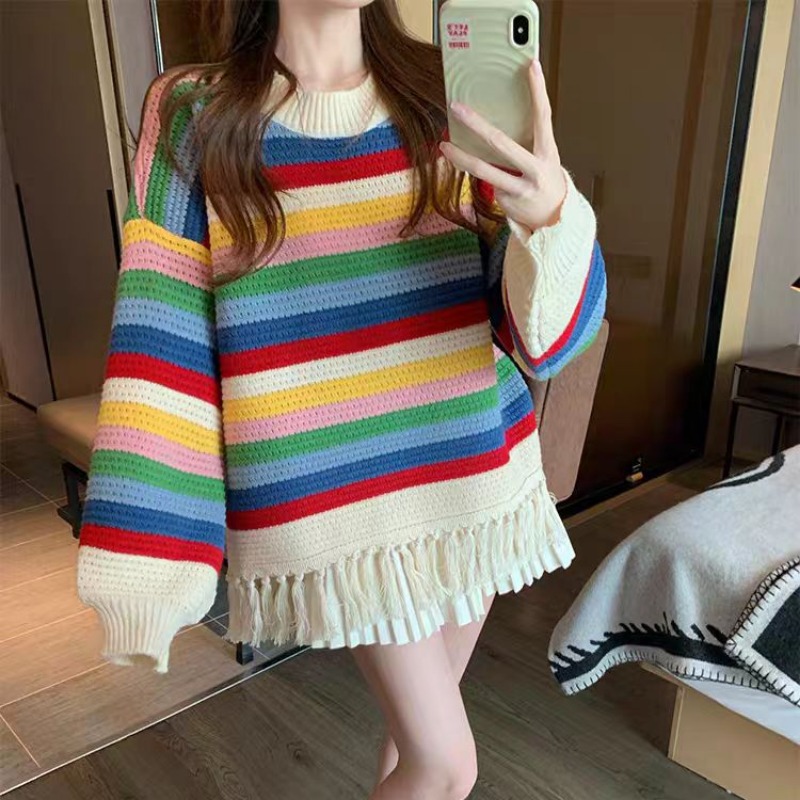 Stripe autumn and winter tops lazy tassels sweater for women
