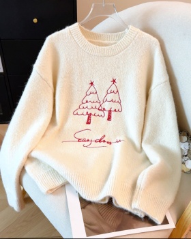 Hand-painted embroidery christmas round neck sweater
