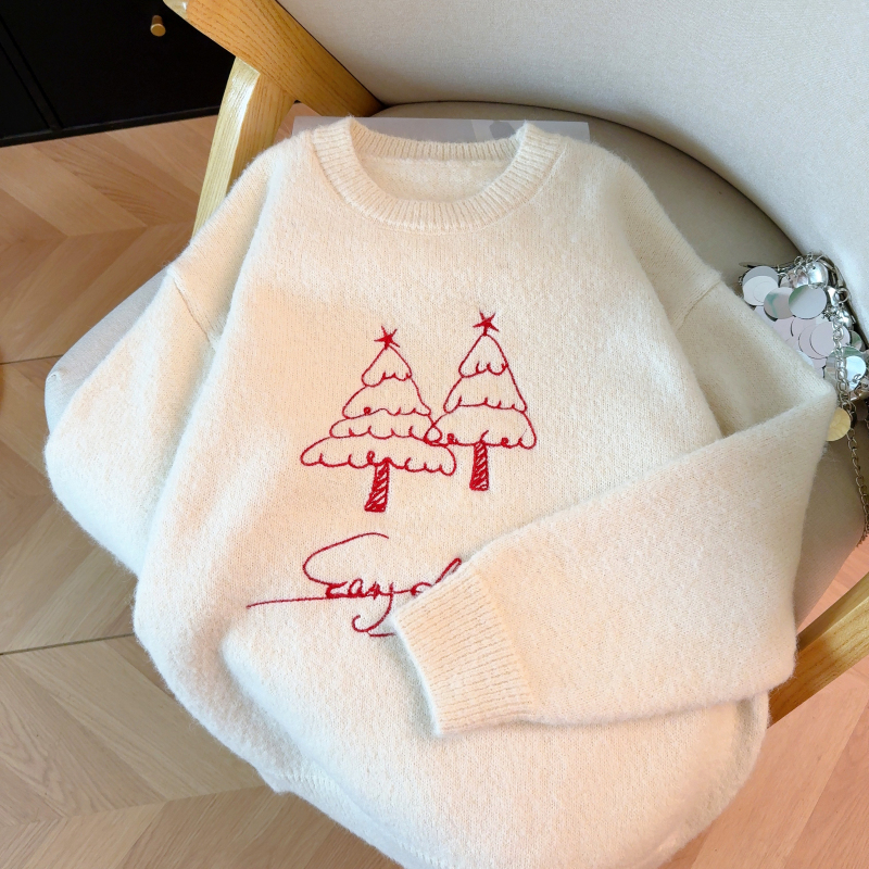 Hand-painted embroidery christmas round neck sweater