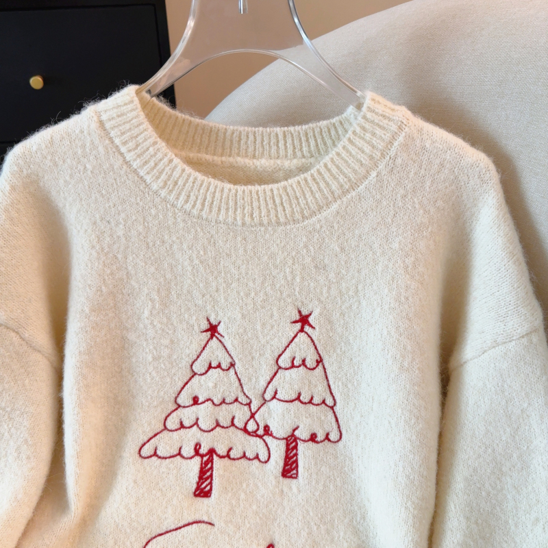 Hand-painted embroidery christmas round neck sweater
