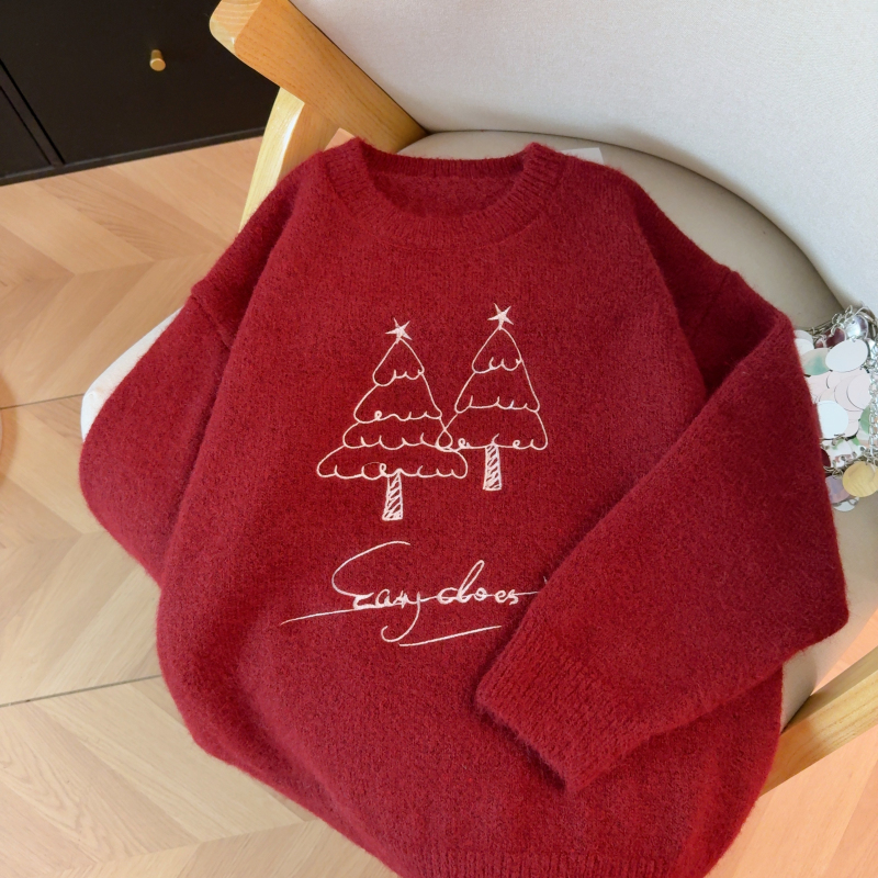 Hand-painted embroidery christmas round neck sweater