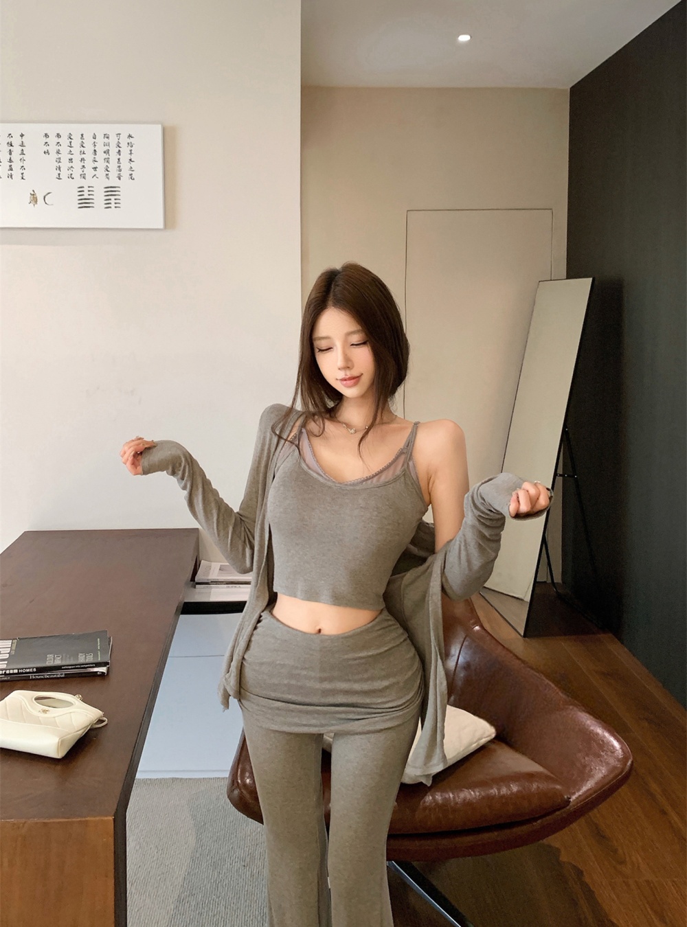 Autumn and winter flare pants cardigan 3pcs set for women