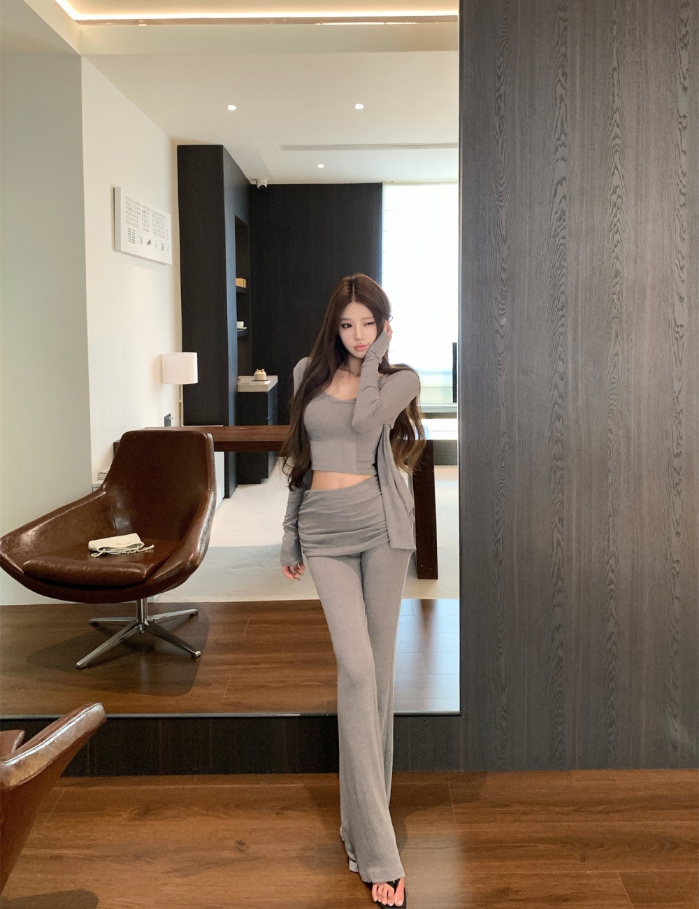 Autumn and winter flare pants cardigan 3pcs set for women