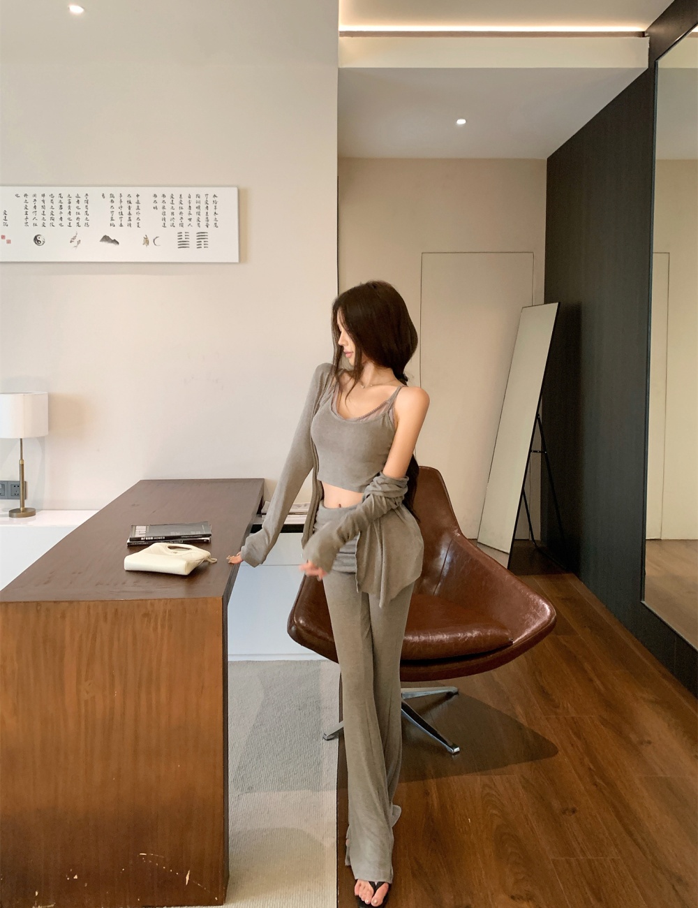 Autumn and winter flare pants cardigan 3pcs set for women