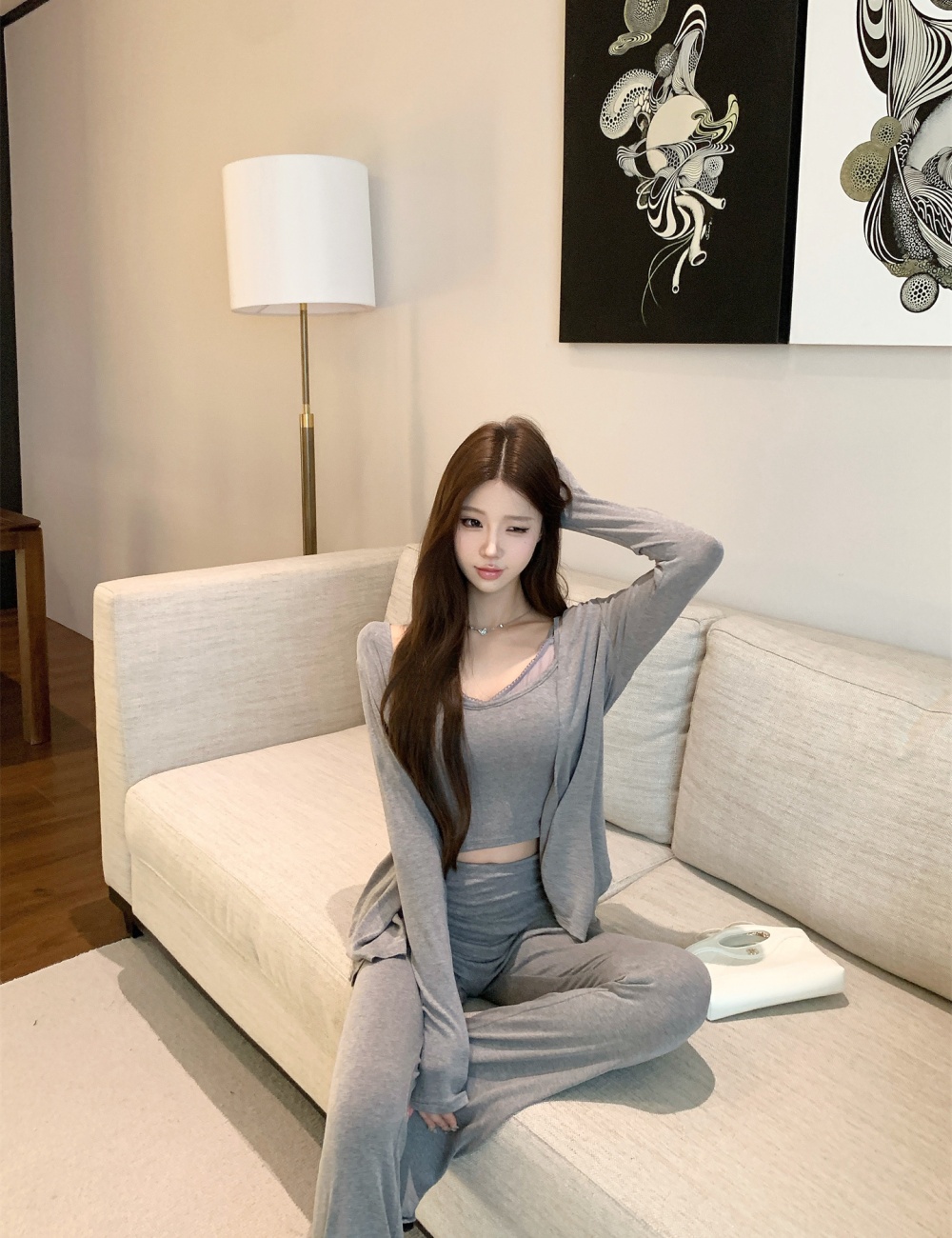 Autumn and winter flare pants cardigan 3pcs set for women