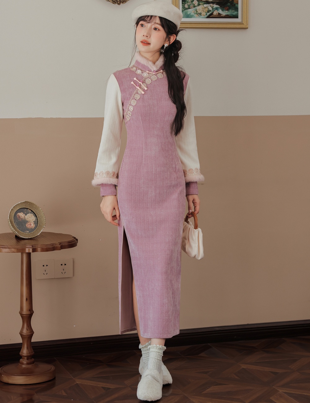Winter thick long cheongsam long sleeve temperament dress