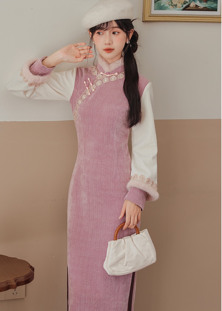 Winter thick long cheongsam long sleeve temperament dress