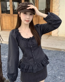 France style bow slim tops all-match large yard wood ear shirt