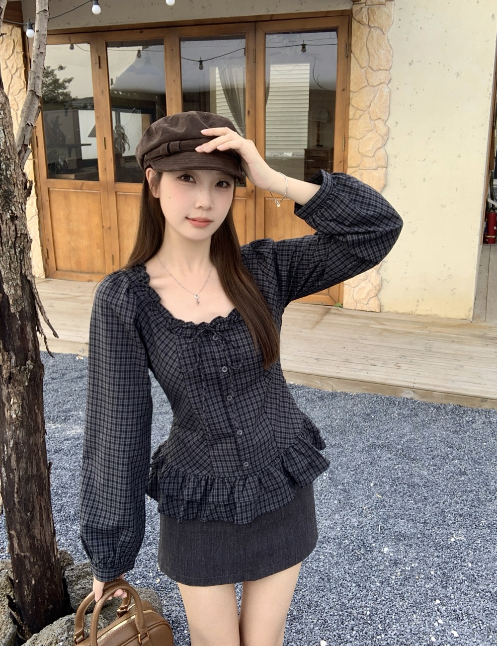 France style bow slim tops all-match large yard wood ear shirt