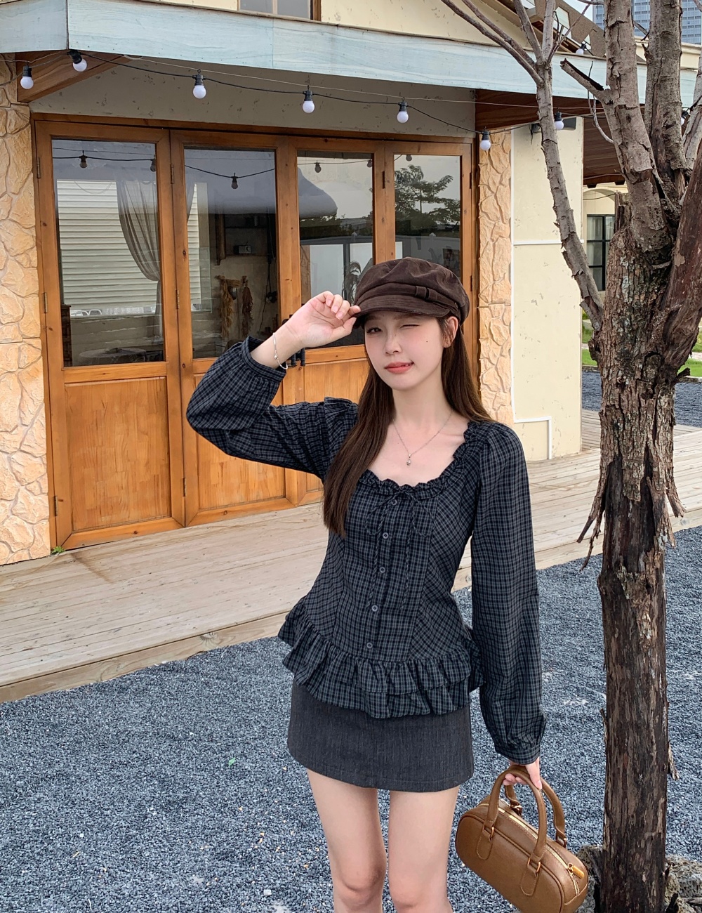 France style bow slim tops all-match large yard wood ear shirt