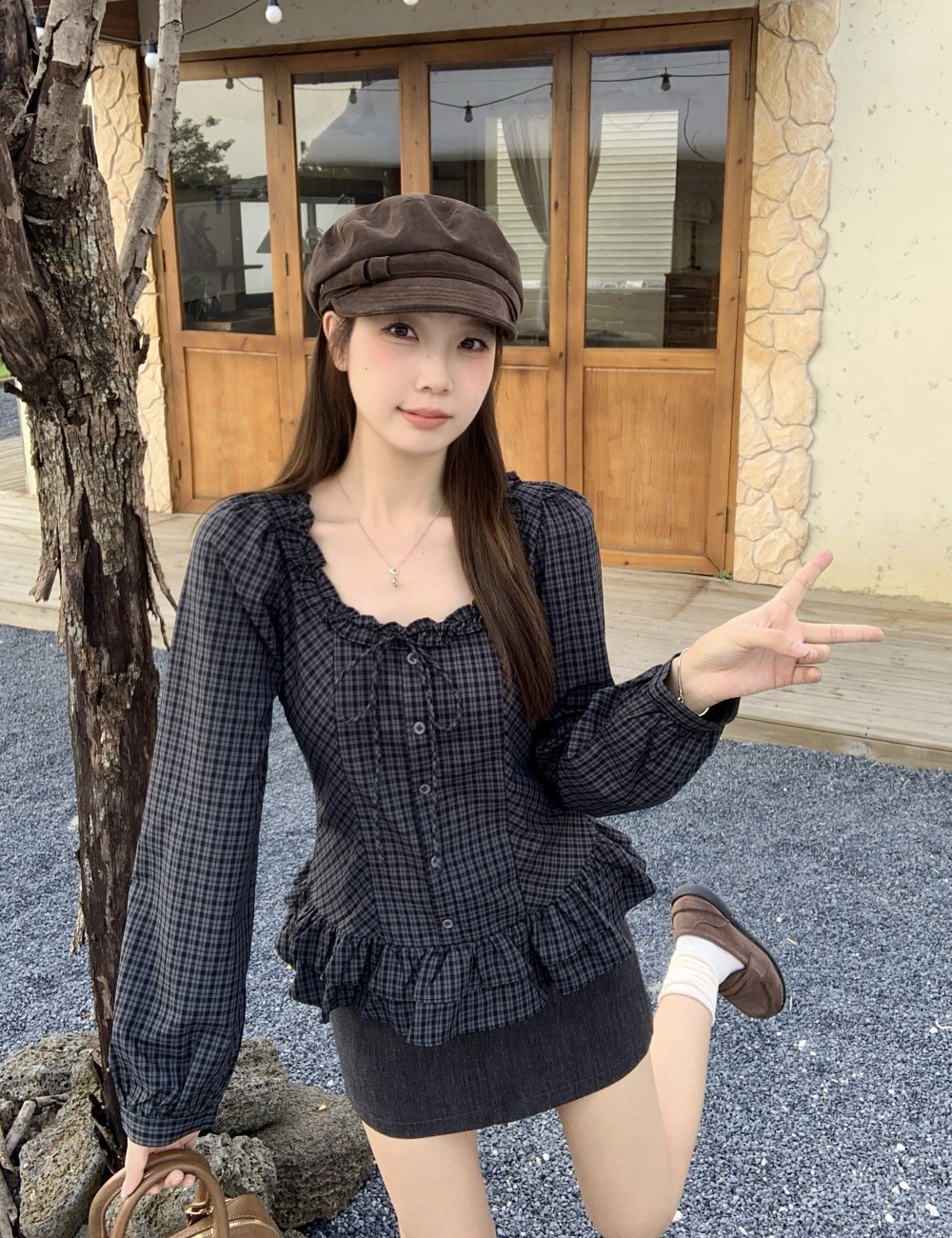 France style bow slim tops all-match large yard wood ear shirt