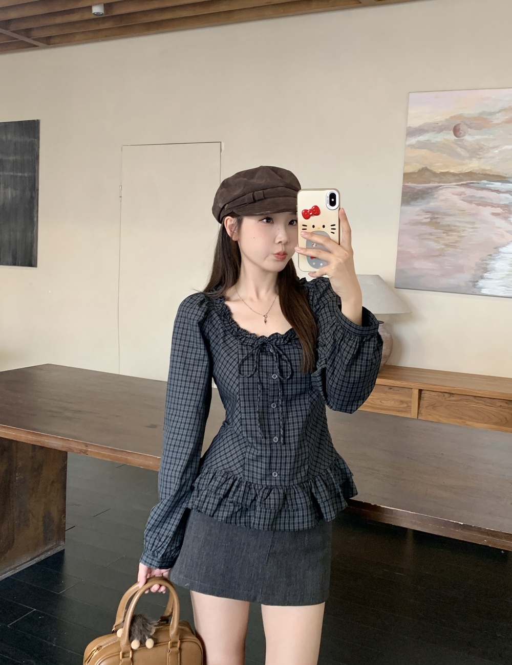 France style bow slim tops all-match large yard wood ear shirt