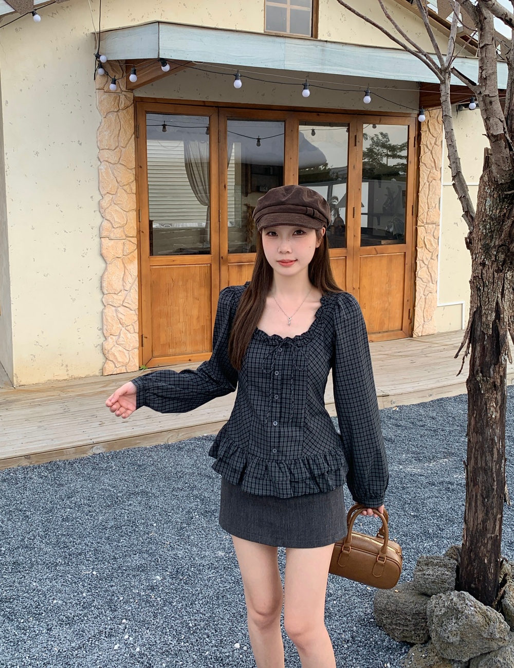 France style bow slim tops all-match large yard wood ear shirt