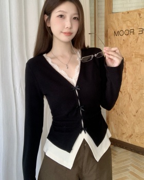 Sueding Pseudo-two splice inside the ride slim lace tops