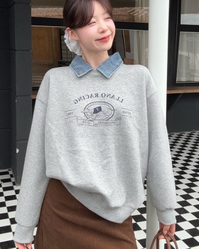 Loose thermal thick tops cartoon Pseudo-two hoodie for women