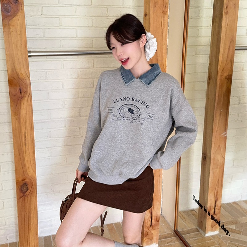 Loose thermal thick tops cartoon Pseudo-two hoodie for women