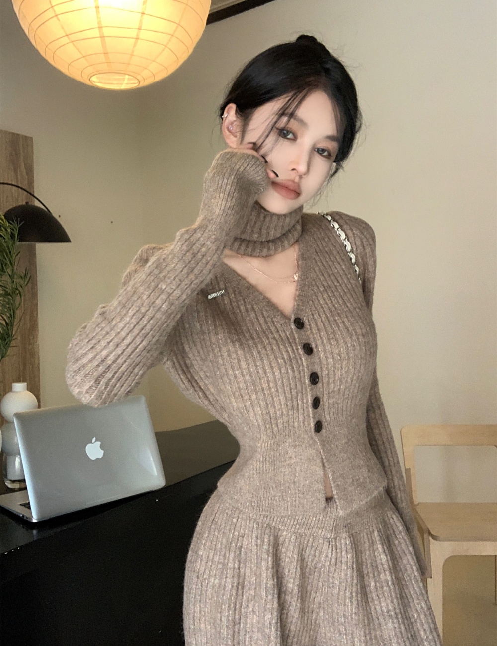 Autumn and winter wool cardigan V-neck sweater 3pcs set