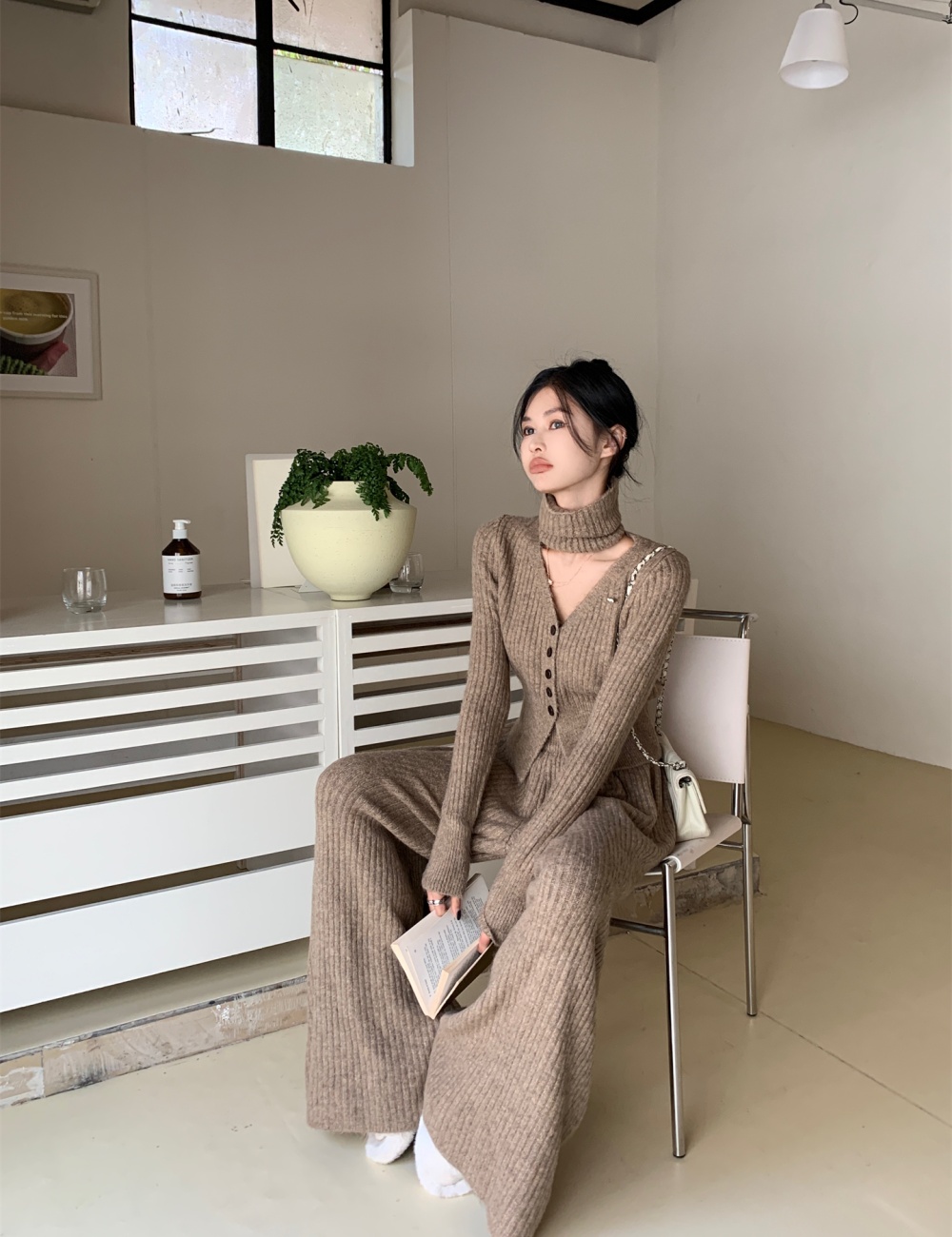 Autumn and winter wool cardigan V-neck sweater 3pcs set