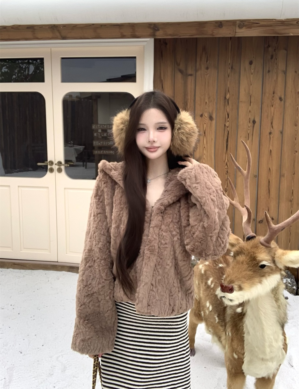 Autumn and winter thick fur coat hooded elmo coat for women