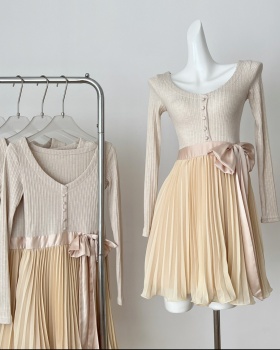 Bow bandage tender France style long sleeve V-neck dress