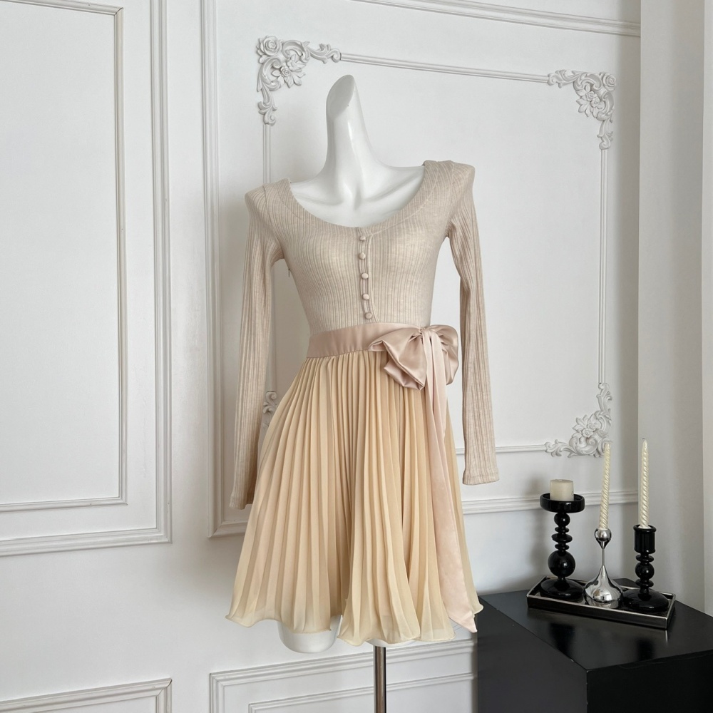 Bow bandage tender France style long sleeve V-neck dress