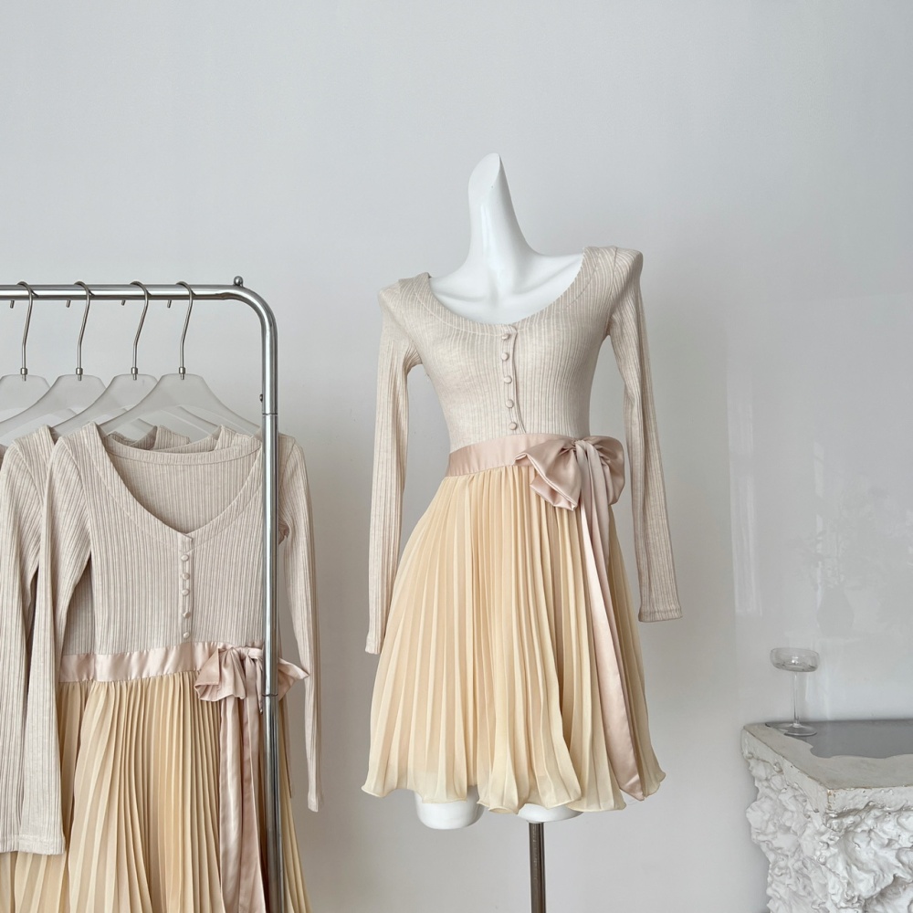 Bow bandage tender France style long sleeve V-neck dress