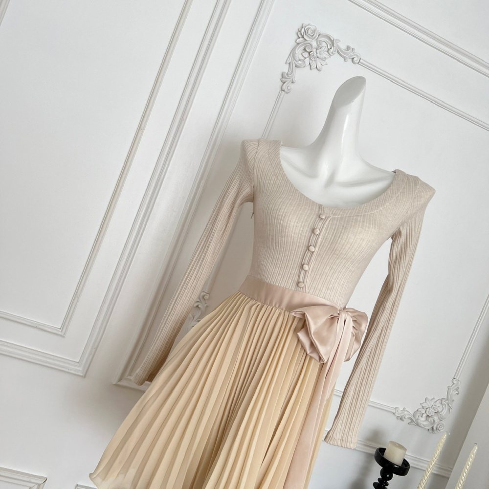 Bow bandage tender France style long sleeve V-neck dress