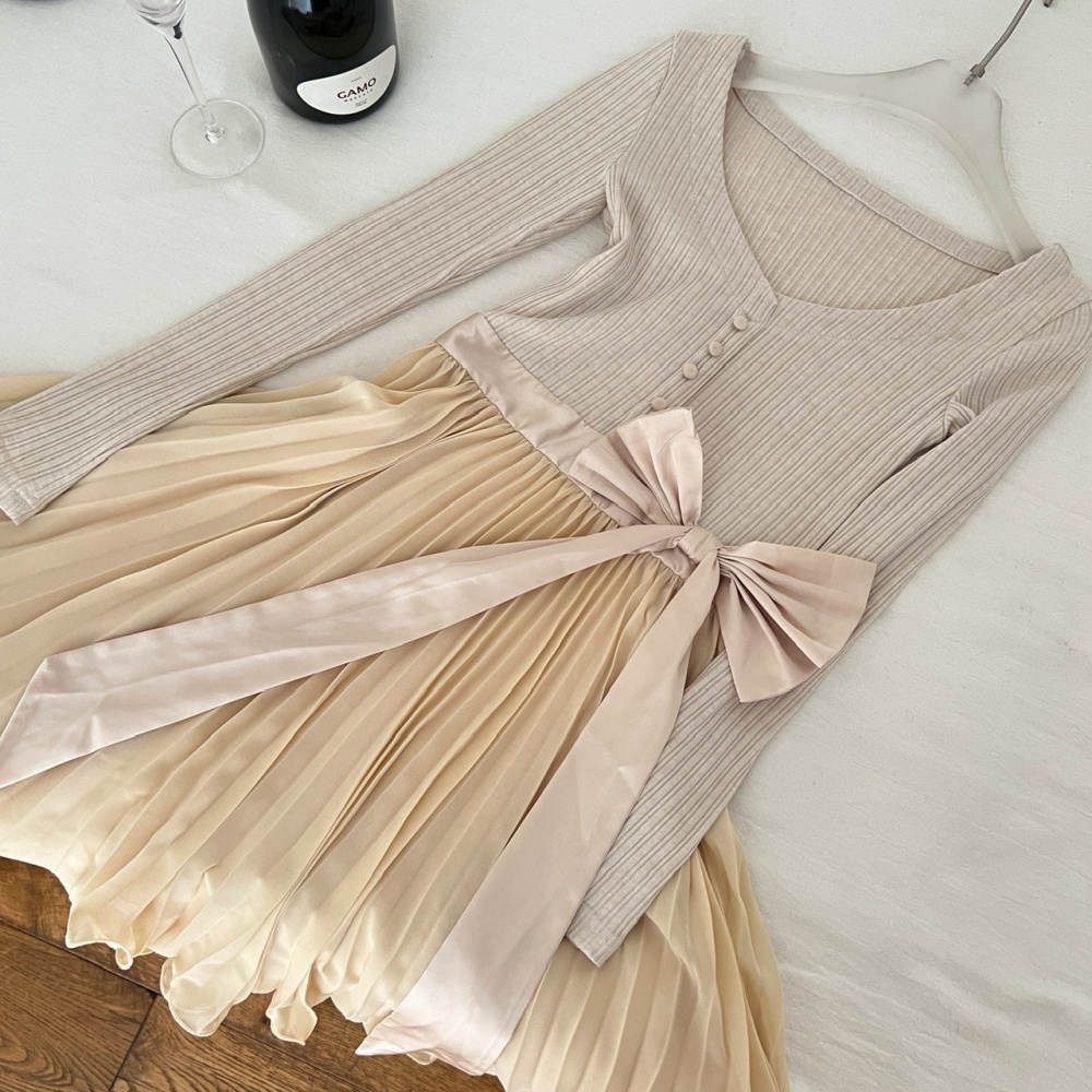 Bow bandage tender France style long sleeve V-neck dress