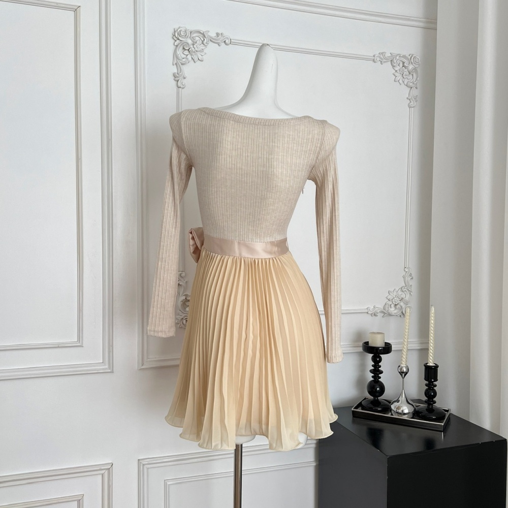 Bow bandage tender France style long sleeve V-neck dress