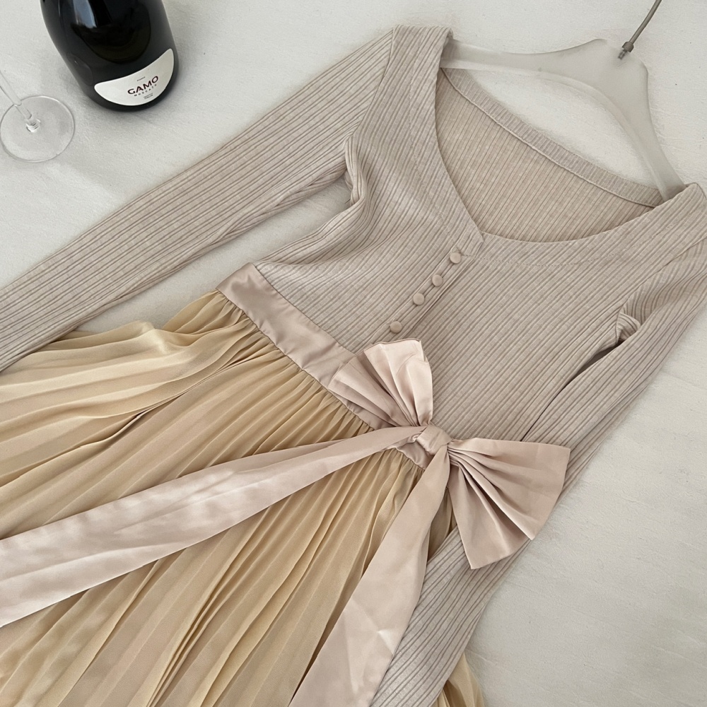 Bow bandage tender France style long sleeve V-neck dress