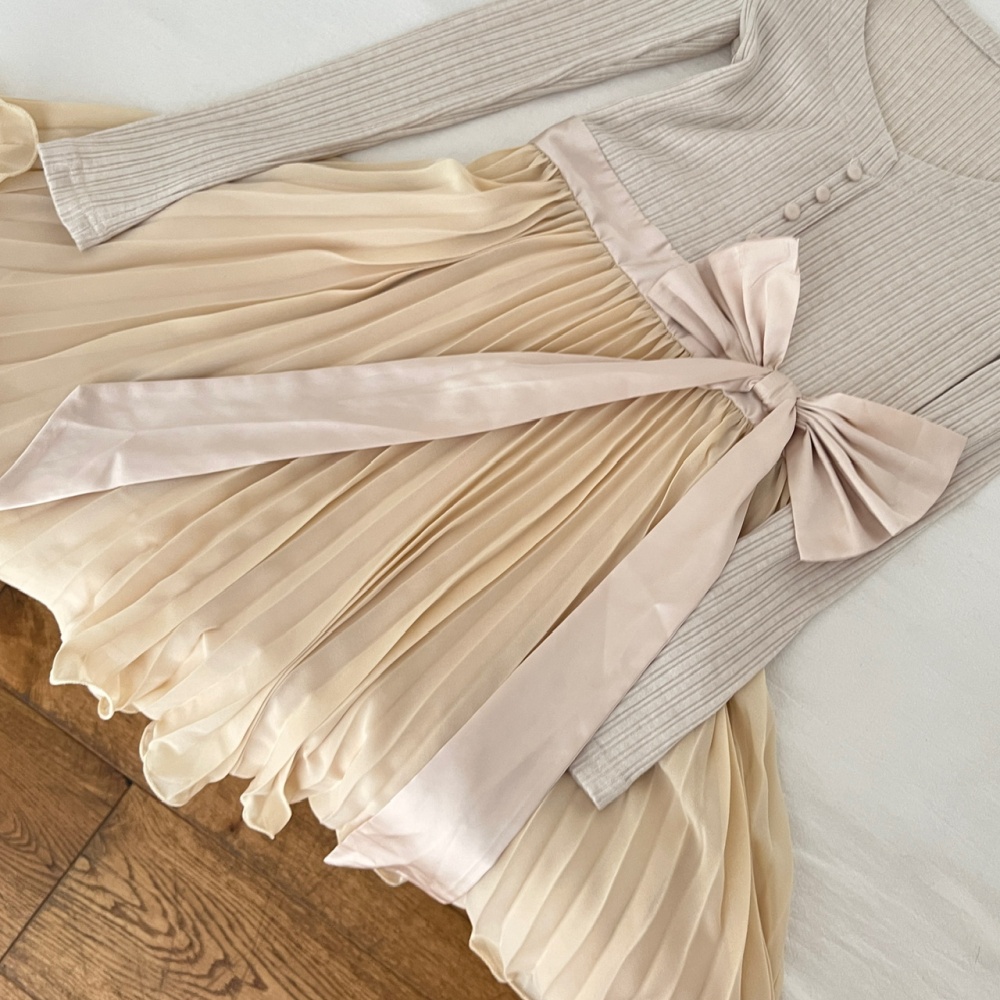 Bow bandage tender France style long sleeve V-neck dress