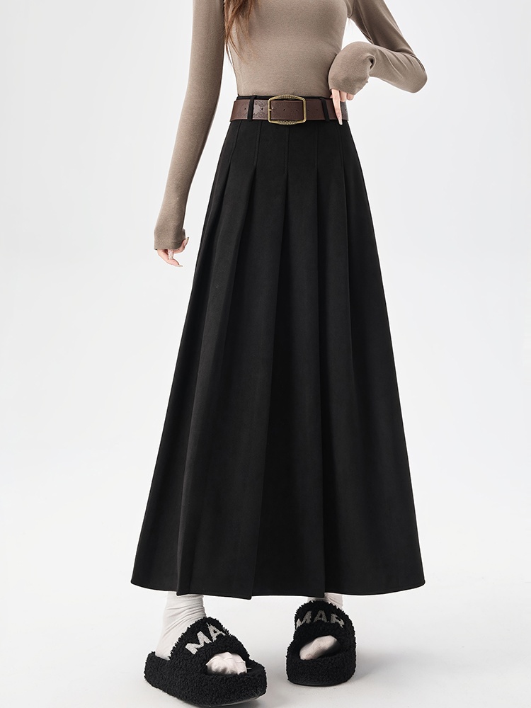 Slim high waist suede belt simple commuting pleated skirt