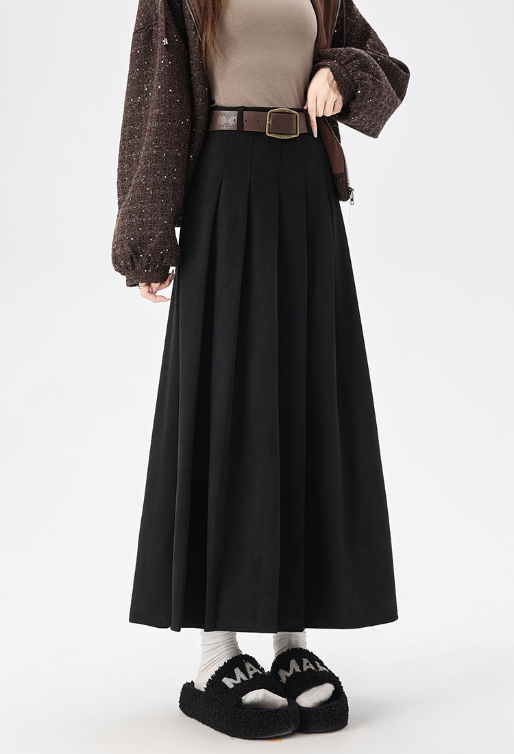 Slim high waist suede belt simple commuting pleated skirt