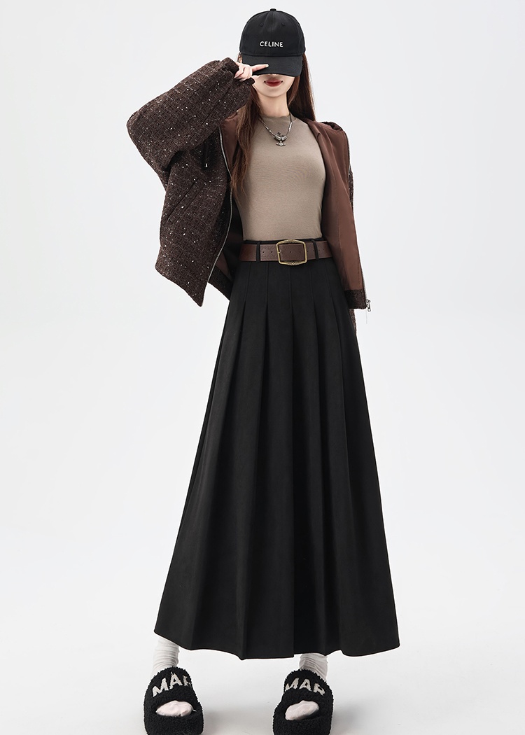 Slim high waist suede belt simple commuting pleated skirt