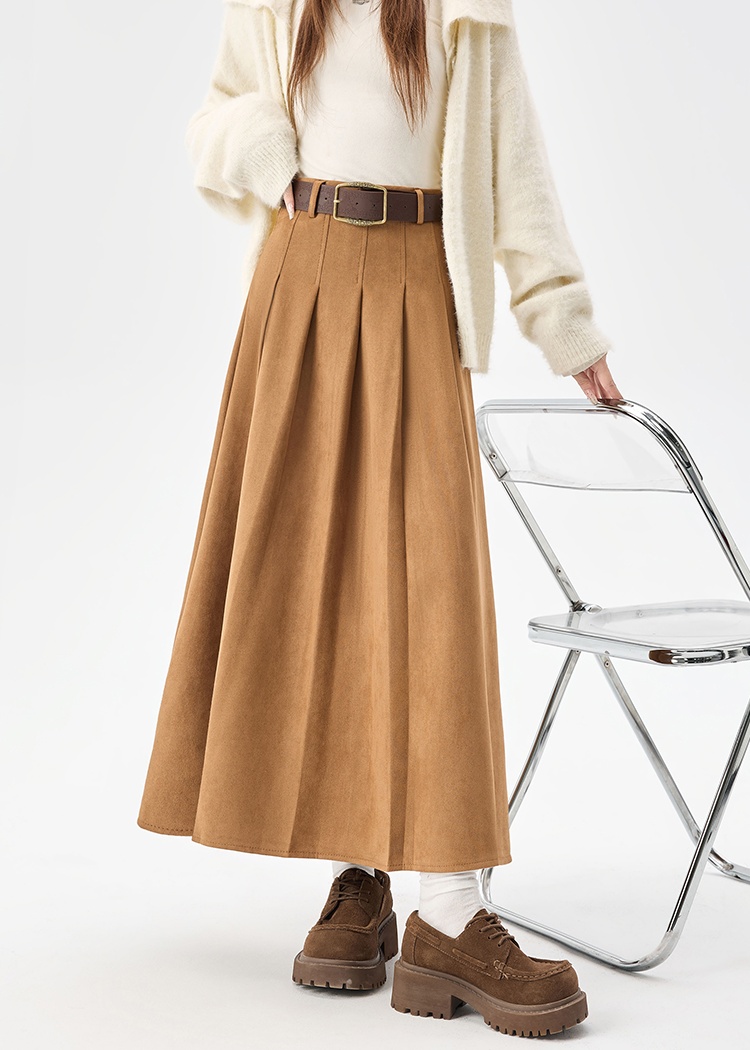 Slim high waist suede belt simple commuting pleated skirt