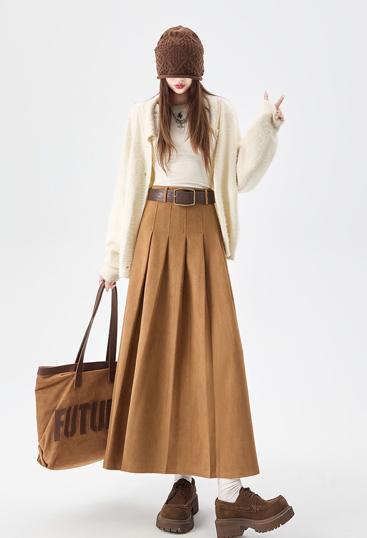 Slim high waist suede belt simple commuting pleated skirt