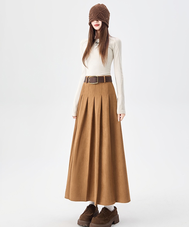 Slim high waist suede belt simple commuting pleated skirt