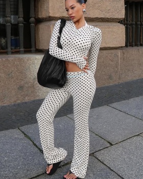 Polka dot cardigan hooded long pants a set for women