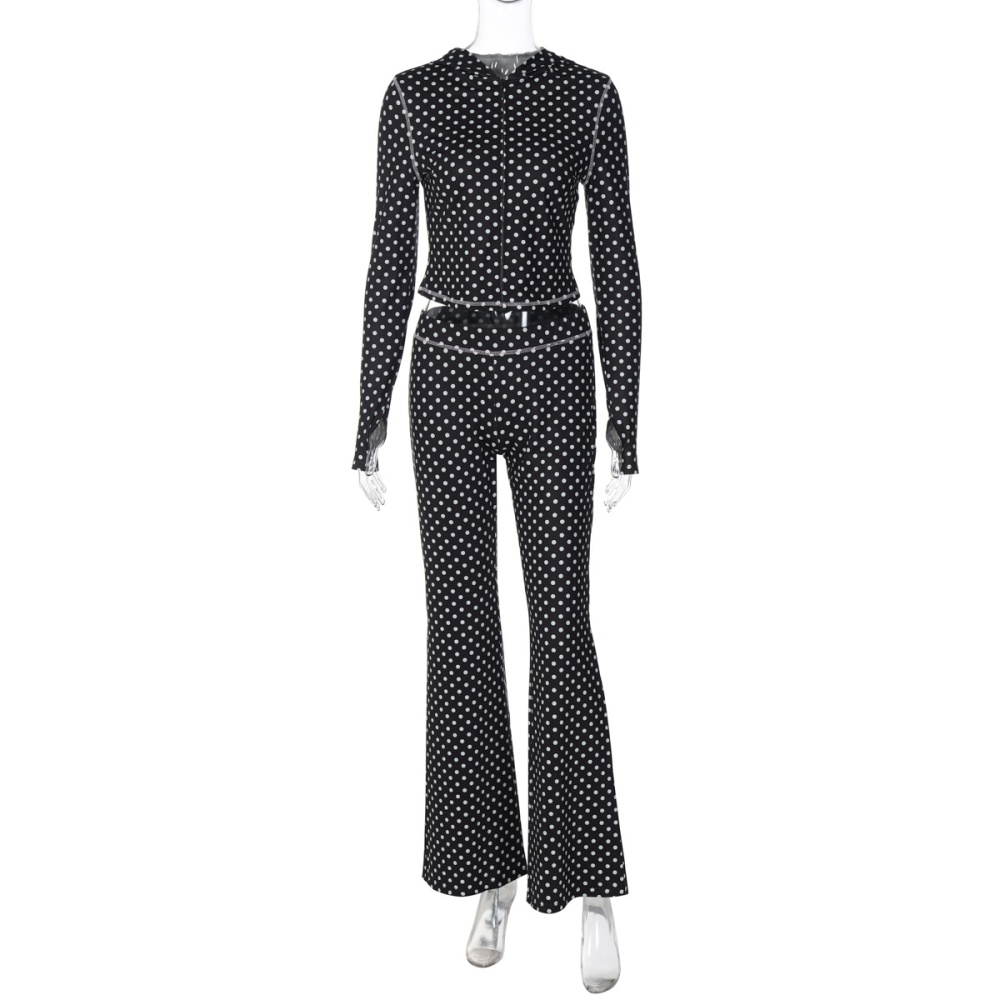 Polka dot cardigan hooded long pants a set for women