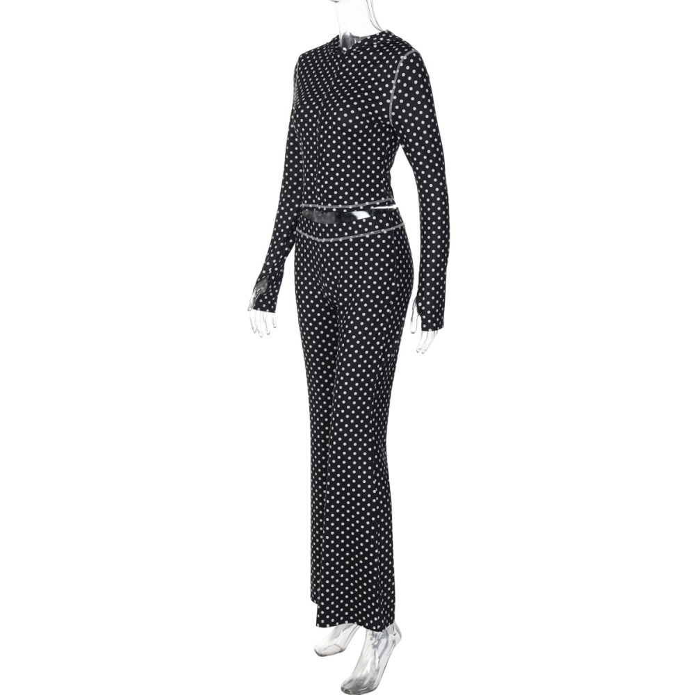Polka dot cardigan hooded long pants a set for women