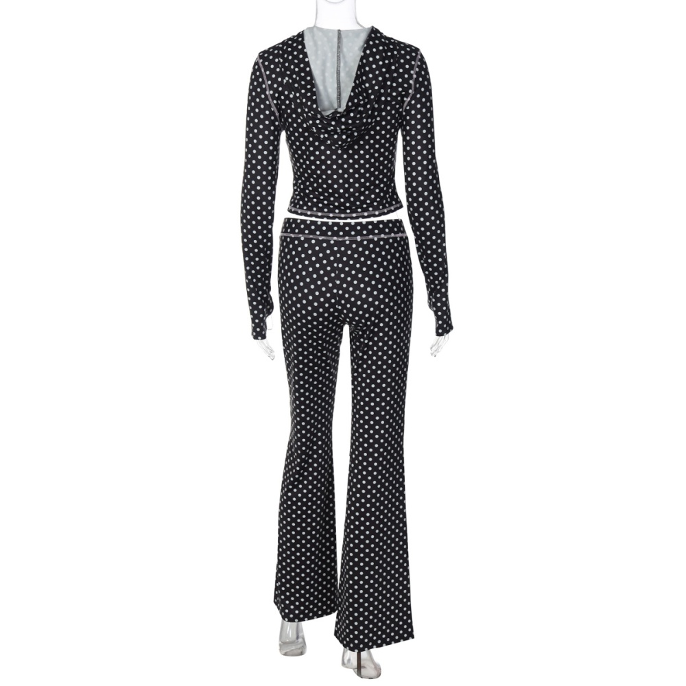 Polka dot cardigan hooded long pants a set for women